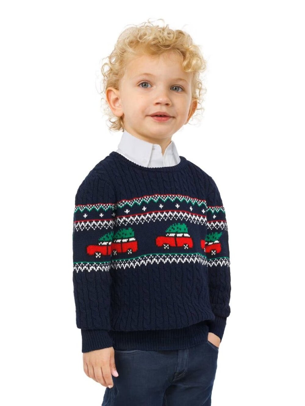 Lands' End Boys Navy Cable-Knit Sweater Red Green Cars Size L (10-12)